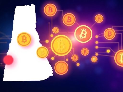 New Hampshire outline with digital currency symbols overlay.