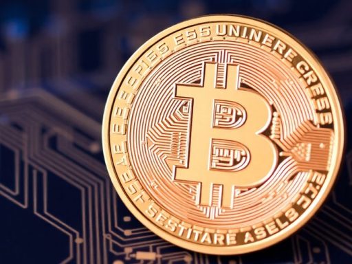 Bitcoin coin on digital circuit background.